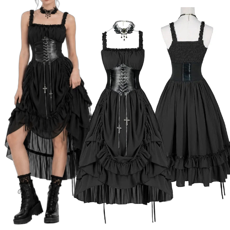 Medieval Renaissance Dress Women - فستان نسائي قوطي أسود بتصميم كورسيه،